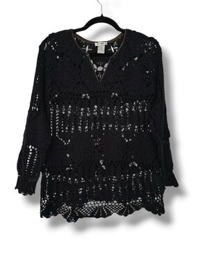 Airport 2000s Y2K Crochet Open Knit Sheer Black Cotton Ramie Sweater Top Lg
